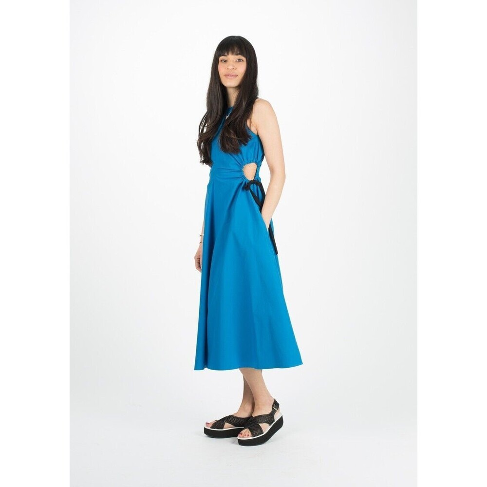 Sayaka Davis Cutout Poplin Cotton Midi Dress Size 10 Blue Sleeveless Pockets